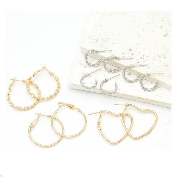 Elegant Gold and Silver Hoop Earrings Set 6 Pairs - Picture 1 of 3